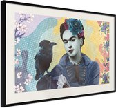 Ingelijste Poster - Frida Kahlo met Raaf, Zwarte lijst met passe-partout