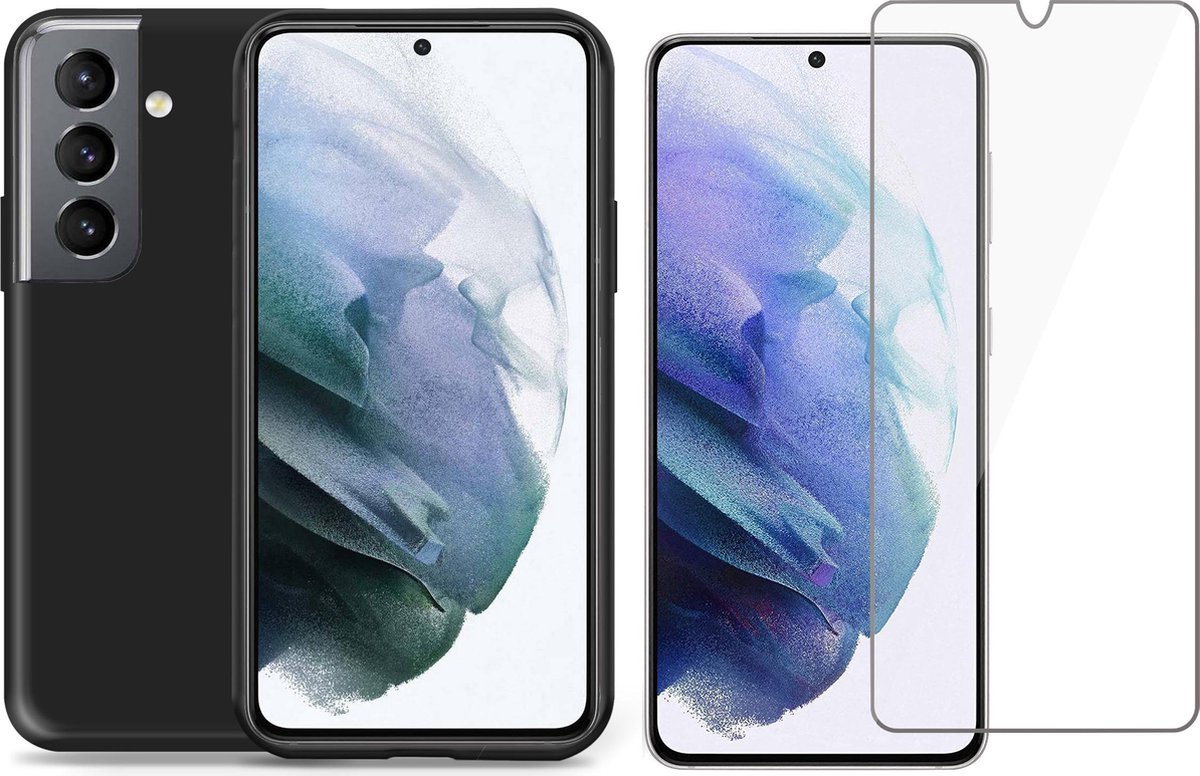 Hoesje geschikt voor Samsung Galaxy S21 FE - Screenprotector Glas - Schokbestendig Zwart