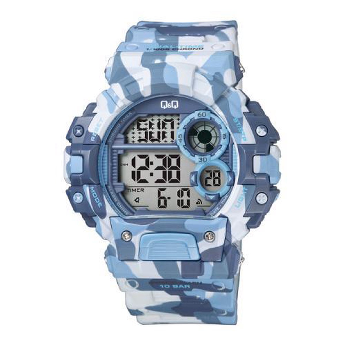 QQ M144J007Y - Horloge - Digitaal - Heren - Mannen - Plastic band - Rond - Kunststof - Datumaanduiding - Stopwatch - 5 alarmen - Tweede tijdzone - Backlight - Waterdicht 10ATM - Camouflage - Blauw - Grijs - Wit