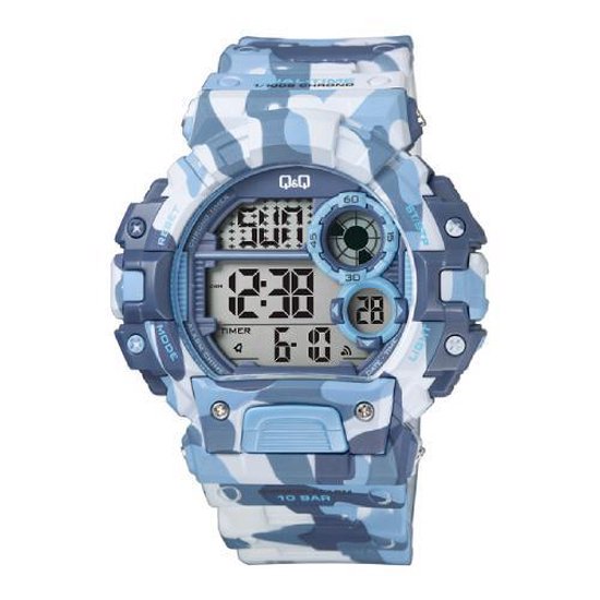 Q&Q M144J007Y - Horloge - Digitaal - Heren - Mannen - Plastic band - Rond - Kunststof - Datumaanduiding - Stopwatch - 5 alarmen - Tweede tijdzone - Backlight - Waterdicht 10ATM - Camouflage - Blauw - Grijs - Wit