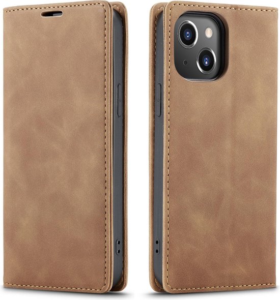 Étui portefeuille marron pour téléphone, ouvert et fermé, montrant le dos du téléphone.