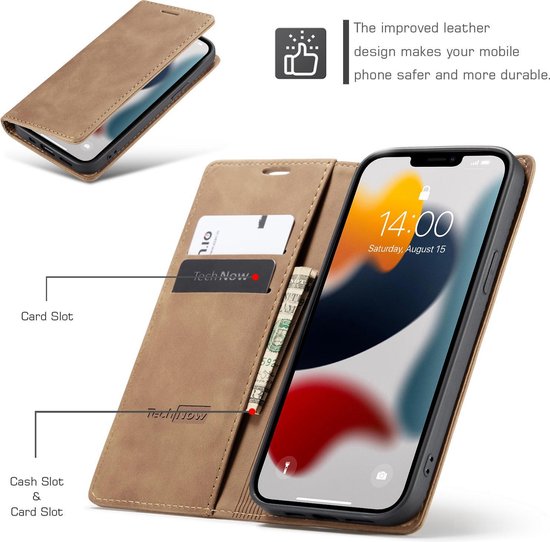 Étui portefeuille marron, fermé, partiellement ouvert et ouvert avec téléphone et fentes pour cartes.