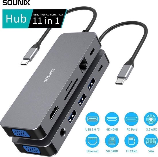 Sounix® 11 in 1 USB C dockingstation -  USB C Hub - 4K UHD HDMI - VGA - 3x USB 3.0 - Audio Jack 3.5mm-UCX1132X