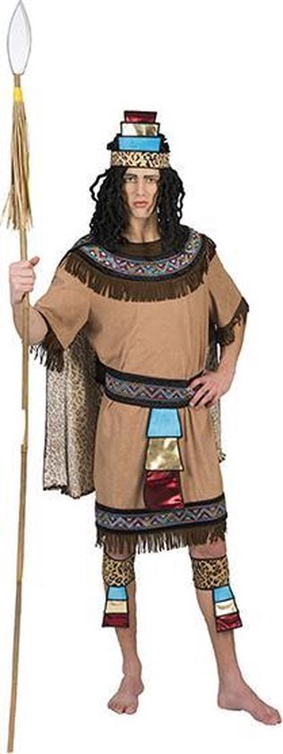 Funny Fashion - Indiaan Kostuum - Azteekse Strijder Chocolatl - Man - Bruin - Maat 52-54 - Carnavalskleding - Verkleedkleding