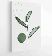 Canvas schilderij - Green and earth tone background foliage line art drawing with abstract shape and watercolor 1 -    – 1922511893 - 40-30 Vertical