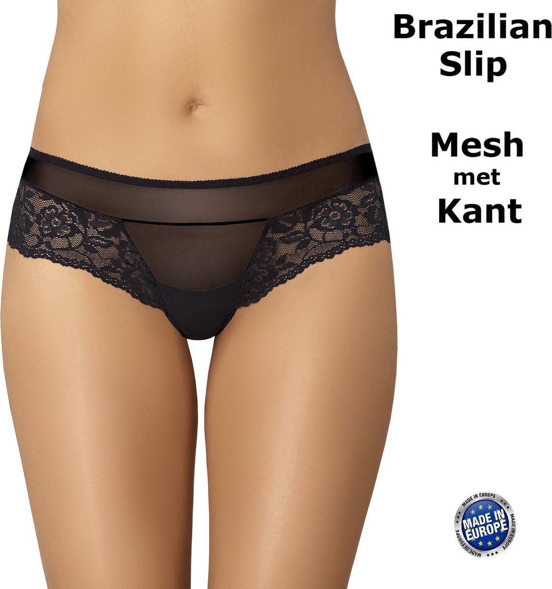 Teyli Ondergoed Dames Slip Brazilian - Mesh met Kant - Zwart S