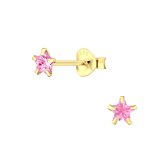 Joy|S - Zilveren petit ster oorbellen - 4 mm - zirkonia roze - 14k goudplating - kinderoorbellen