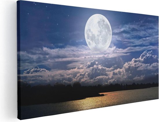 Artaza Canvas Schilderij Volle Maan bij het Water - 100x50 - Groot - Foto Op Canvas - Canvas Print