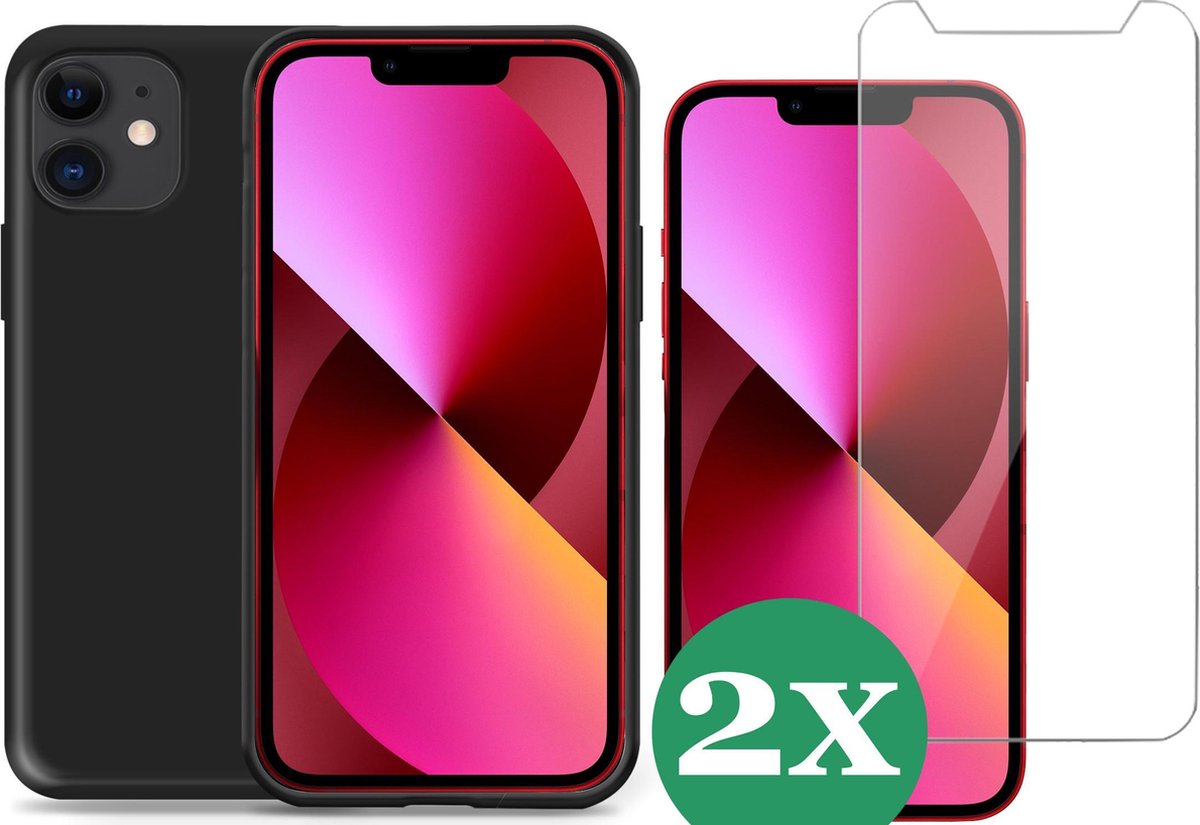 Hoesje geschikt voor iPhone 12 Mini siliconen zwart case - 2x Screen Protector Glas