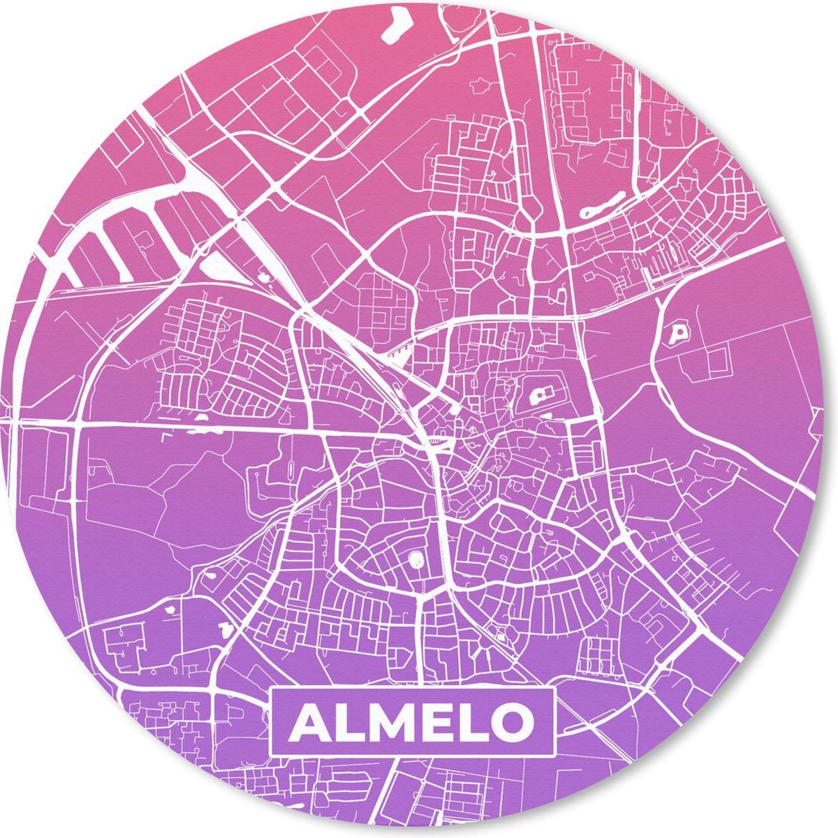 Muismat - Mousepad - Rond - Stadskaart - Almelo - Paars - Nederland - 40x40 cm - Ronde muismat - Plattegrond