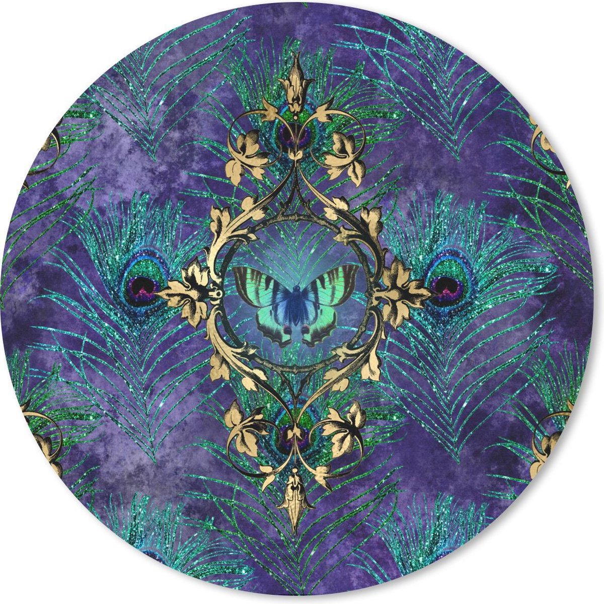 Muismat rond 30x30 cm - Mousepad Patroon - Pauwenveren - Paars - Ronde muismatten