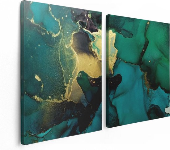 Artaza Canvas Schilderij Tweeluik Abstracte Kunst - Groen met Goud - 120x80 - Foto Op Canvas - Canvas Print