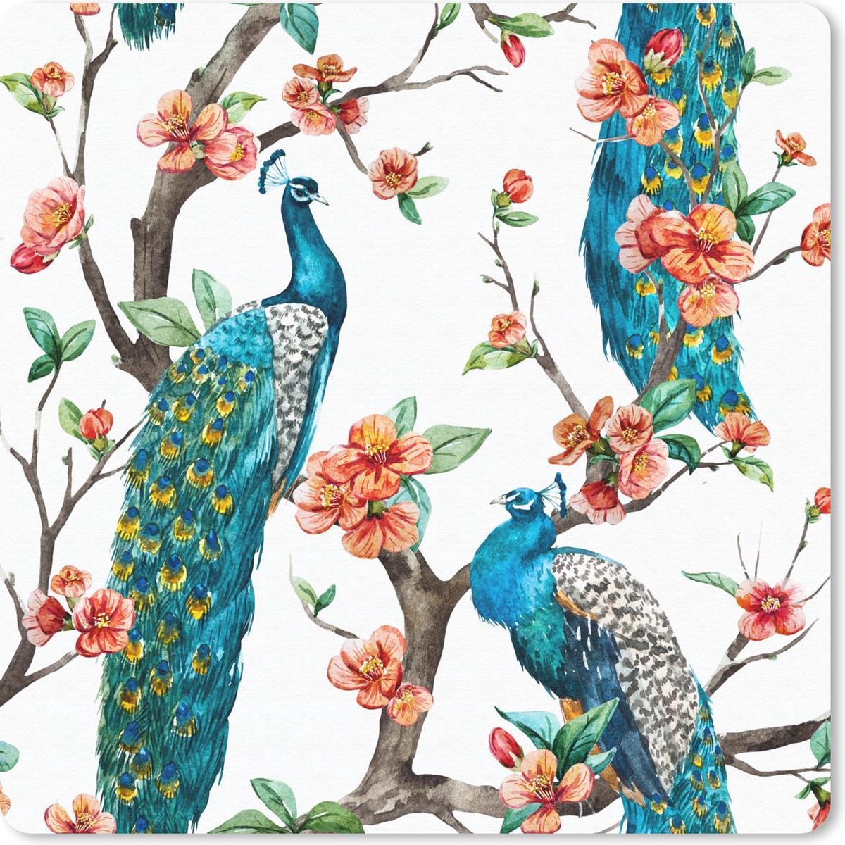 Muismat 30x30 cm - Mousepad Patronen - Pauw - Bloesem - Muismatten