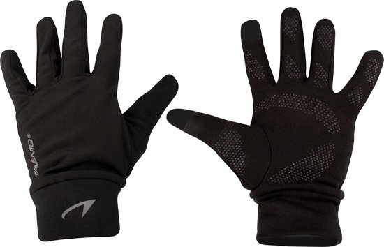 Zwarte sporthandschoenen van Avento, met op de palm en vingers een grijze antislipprint. Touchscreen compatibele vingertoppen.