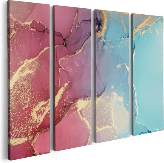 Artaza Canvas Schilderij Vierluik Abstracte Kunst van Marmer - Roze met Blauw - 80x60 - Foto Op Canvas - Canvas Print