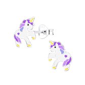 Joy|S - Zilveren pony eenhoorn oorbellen - paars wit unicorn oorknoppen - t20