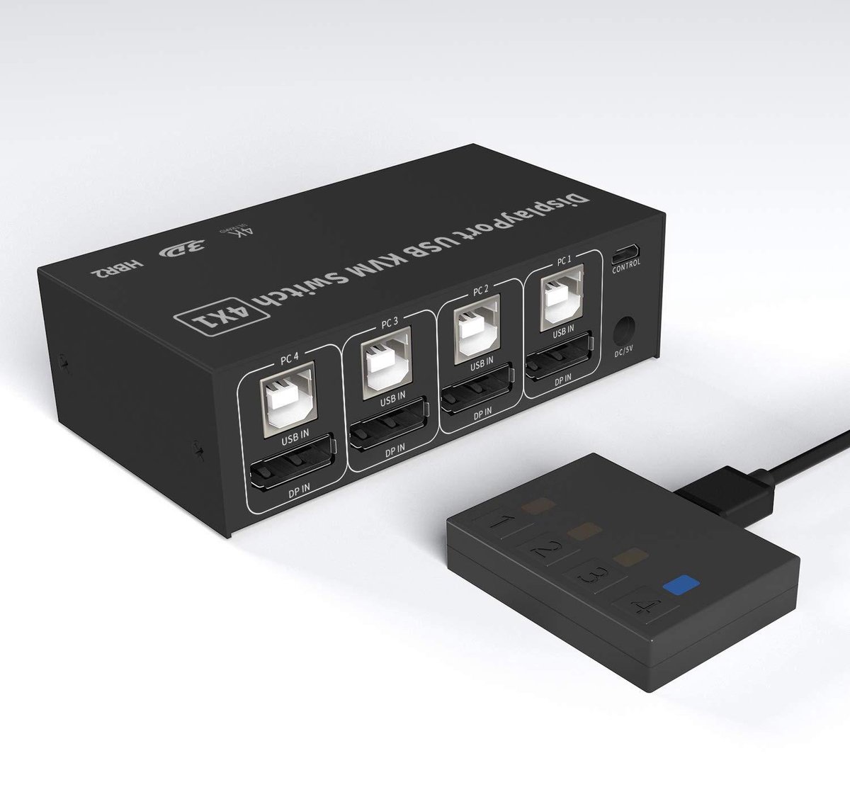 NÖRDIC KVM-102 KVM switch 4 in naar 1 uit - 4x PC naar 1x DP 4K60Hz - 4x USB - voor Xbox, PS5 en laptop - Zwart