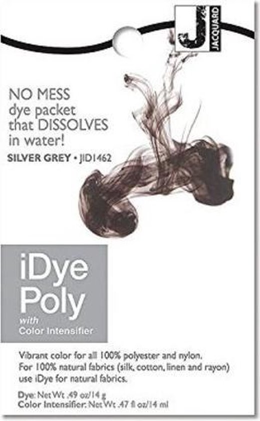 Jacquard iDye Poly Gris Argent teinte en poudre. Paquet avec un nuage d'encre gris foncé.