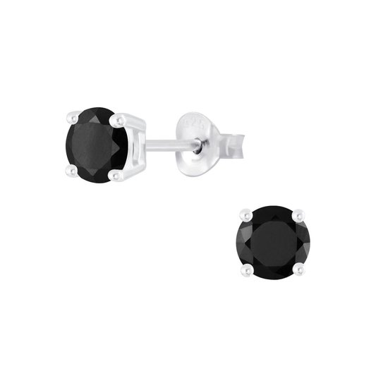 Joy|S - Zilveren rond oorbellen - 5 mm - zirkonia zwart