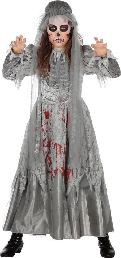 Wilbers & Wilbers - Spook & Skelet Kostuum - Zo Zijn We Niet Getrouwd Halloween Bruid - Meisje - Grijs - Maat 140 - Halloween - Verkleedkleding
