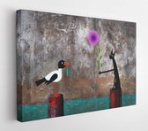 Canvas schilderij - A cute greetings card: a black cat presenting a pretty gull with a beautiful big violet aster on the sea background  -     665091643 - 115*75 Horizontal