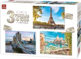 King 3 x 1000 Stukjes Puzzel (68 x 49 cm) - City Collection - 3in1 Legpuzzel Steden + Posters