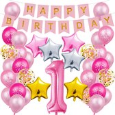 1 jaar verjaardag versiering meisje - Wild one verjaardag - Verjaardag decoratie 1 jaar - Feestversiering 1 jaar - Verjaardag versiering 1 jaar roze - 1 jaar ballonnen en slingers