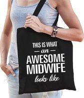 Awesome midwife / geweldige verloskundige cadeau tas zwart voor dames - kado tas / bedankt / beroep cadeau tas
