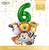 Jungle Decoratie Verjaardag Ballonnen - Hoera 6 jaar - Snoes- Nummer ballon 6 - Safari - Jungle Hoofden 6 stuks + Cijferballon Groen  & Gratis Rietje en Ballon Lint