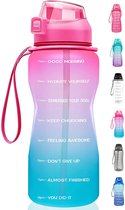 Waterfles - Bidon - Sportdrankfles - Grote waterfles - Rietje - 2 Liter - Lekvrij - Tijdsmarkering - Motivatie Waterfles - Blauw/Roze