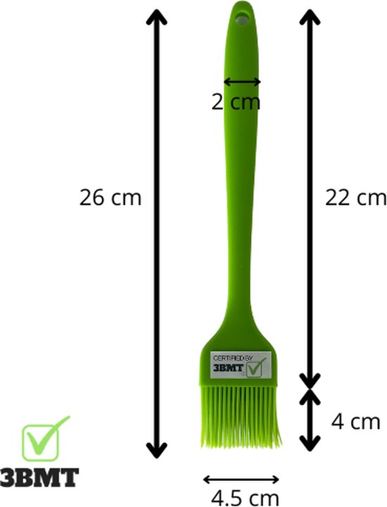 Groene siliconen bakkwast met afmetingen aangegeven: 26 cm lengte, 22 cm handvatlengte, 4,5 cm breedte borstelkop, 2 cm handvatbreedte, 4 cm borstelkophoogte.