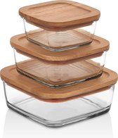 Joy Kitchen glazen meal prep bakjes met houten deksel set van 3 | koelkast bakjes | organizer bakjes | lunchbox hersluitbaar | koelkast opbergbak | vershoudbakjes glas | vershouddoos vierkant