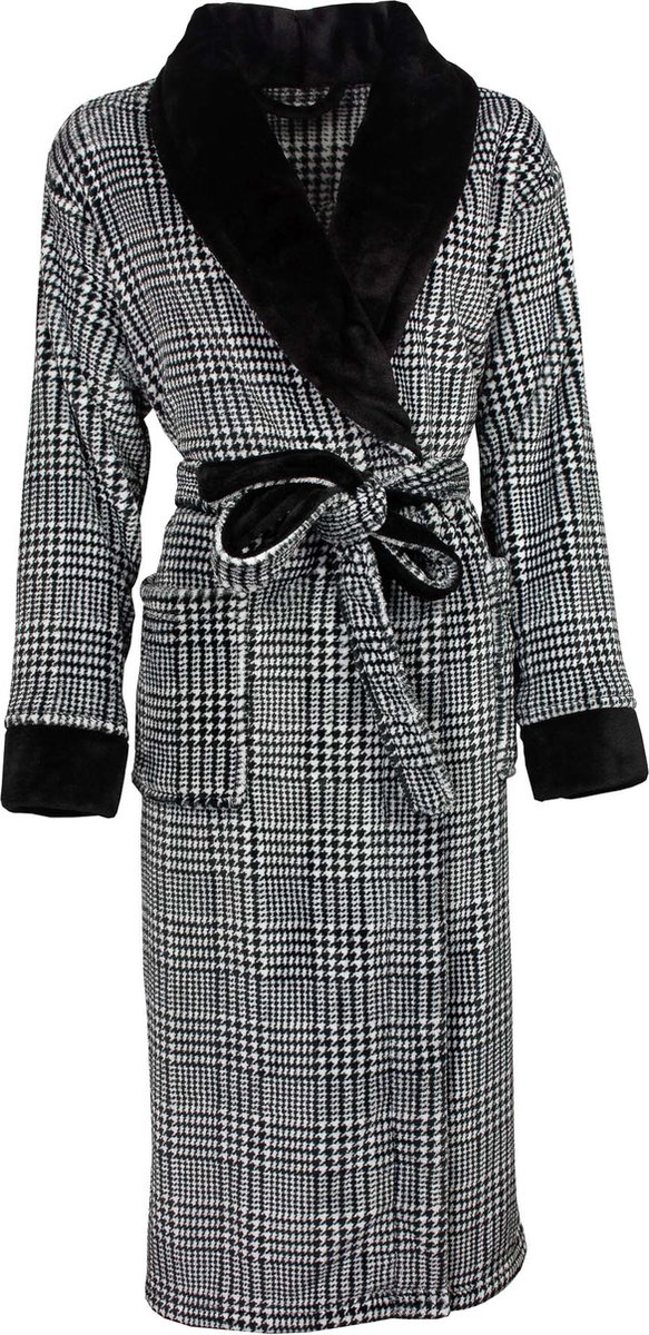 Medaillon Dames Badjas - Fleece - Ruit Dessin - Zwart - Maat M