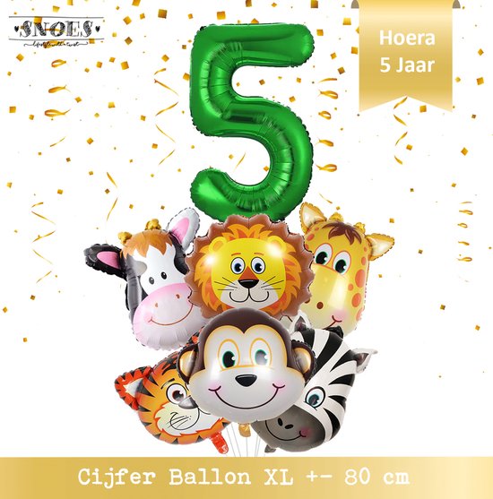 Jungle Decoratie Verjaardag Ballonnen - Hoera 5 jaar - Snoes- Nummer ballon 5 - Safari - Jungle Hoofden 6 stuks + Cijferballon Groen  & Gratis Rietje en Ballon Lint