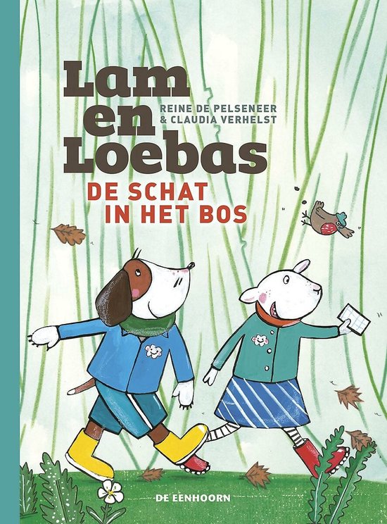Twee dieren, Lam en Loebas, lopen door een bos. Lam draagt een blauw jasje, gele laarzen en Loebas draagt een groen jasje en rood-wit gestreepte laarzen.