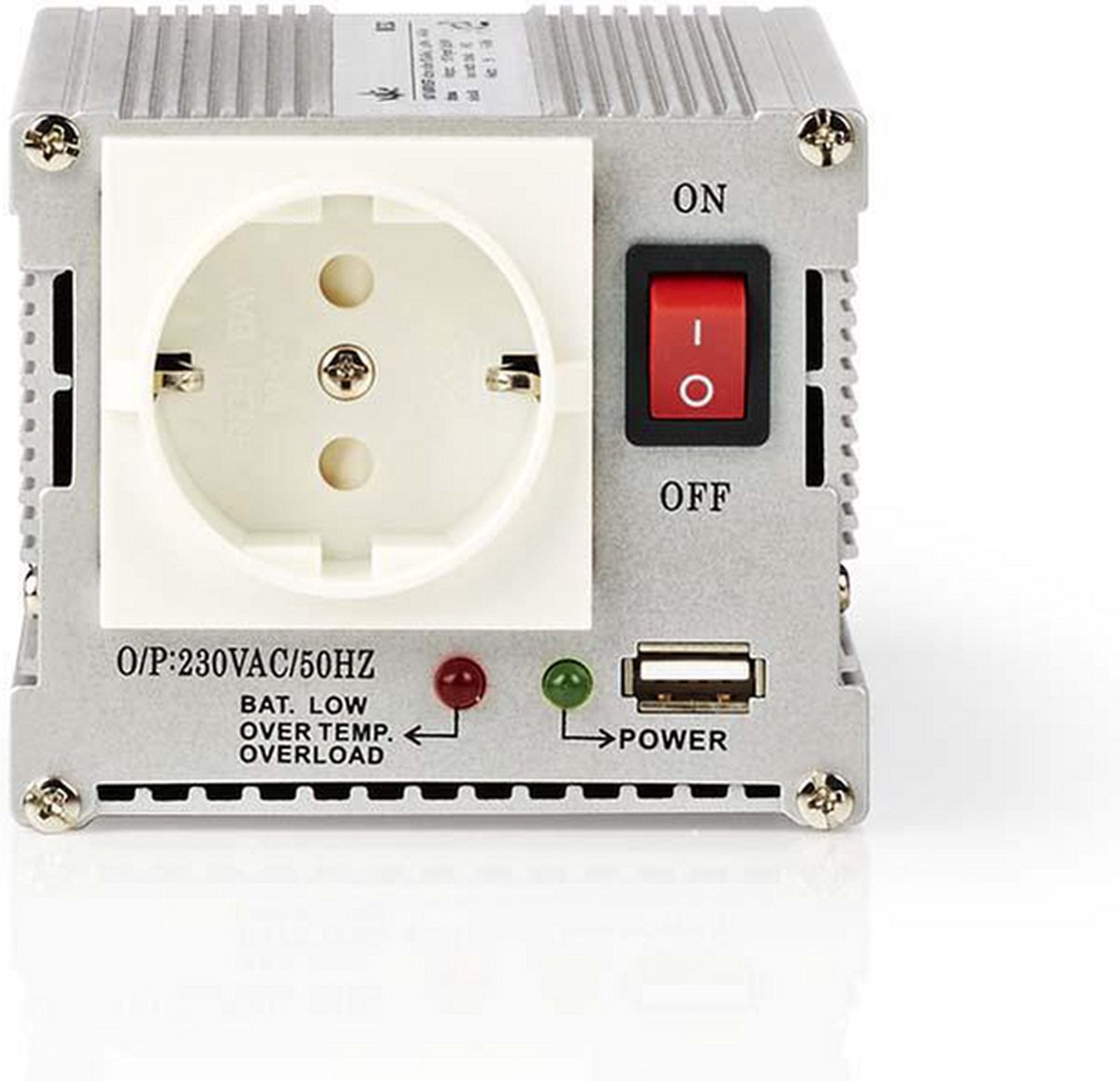 Nedis Inverter Gemodificeerde Sinusgolf | Ingangsvoltage: 12 VDC | Apparaat stroomoutput: 1 | 230 V ~ 50 Hz | 300 W | Piekvermogen: 600 W | Type stopcontact: F (CEE 7/3) / USB | Accuklemmen + Aansteker