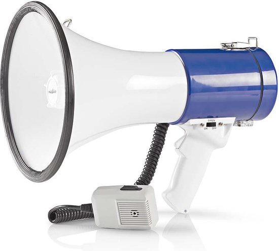 Witte megafoon met blauwe band, afneembare microfoon en gedraaide kabel.
