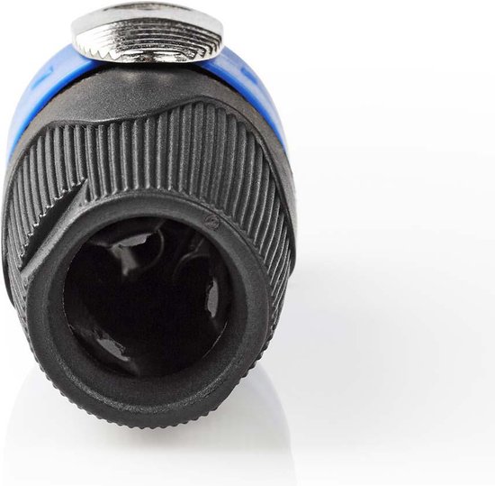 Connector met blauwe ring en metalen clip, zwarte schroefdraadbehuizing met ribbels.