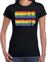 T-shirt Guess what - Coming out tekst regenboog - zwart - dames -  LHBT - Gay pride shirt / kleding / outfit L