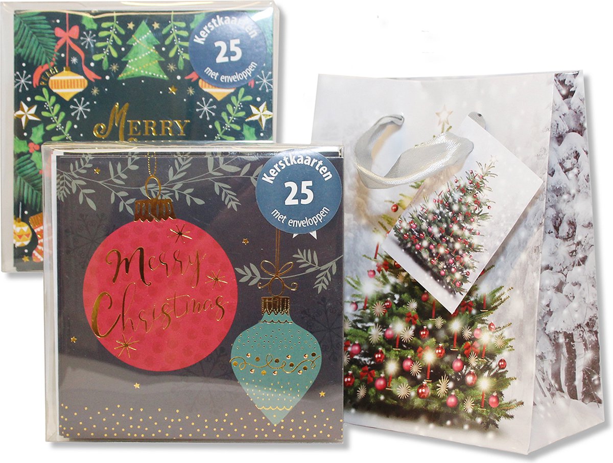 50 Luxe dubbele Kerstkaarten & gratis 2 Kerst cadeautasjes - 2 x 25 st - Folie - 4 motieven - Witte envelop - 10 x 10 cm