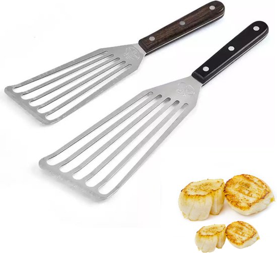 Spatule à poisson (spatule à poisson) en acier inoxydable avec manche en bois Spatule flexible pour barbecue de Cuisine