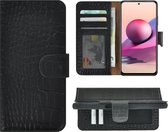 Hoesje Xiaomi Redmi Note 10s - Bookcase - Portemonnee Hoes Echt leer Wallet case Croco Zwart