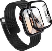 Bandje en Hoesje met Screenprotector geschikt voor Apple Watch 7 41 mm - iWatch 41mm Magnetic Loop Bandje Zwart met Cover Glas