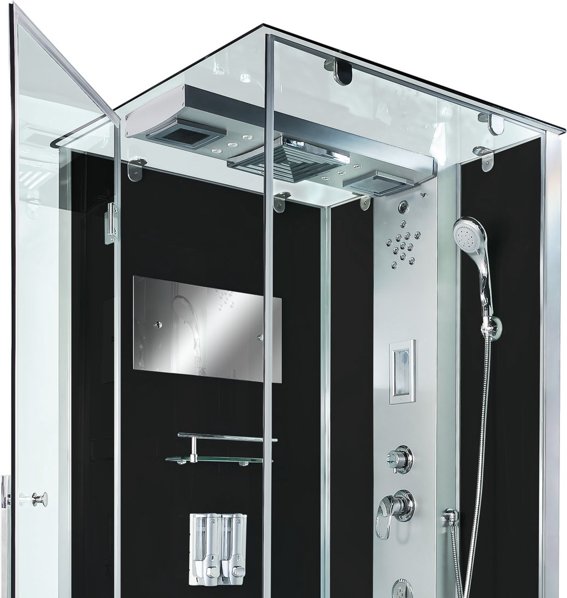 Complete Gesloten Douchecabine 90X90X215 Bastia. MENGKRAAN. Luxe, Kit-Vrij, Zwart, Veiligheidsglas, LED, Radio, Speakers, Massage, Hoekmodel, Vierkant, Scharnierdeur, Douchebak, Afvoer, Sifon, Verschillende Modellen, Full Options. Royal Sanitair thumbnail 5