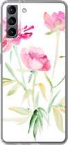 Geschikt voor Samsung Galaxy S21 Plus hoesje - Bloemen - Waterverf - Roze - Siliconen Telefoonhoesje