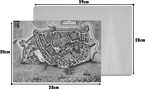 Planche à découper en Verres - Glas - Plan de la ville historique de Harderwijk néerlandais - noir et blanc - Planches à découper