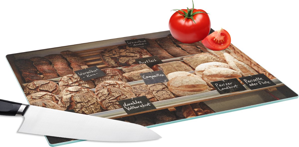 Glazen Snijplank - 39x28 - Verschillende broodjes op de planken - Snijplanken Glas