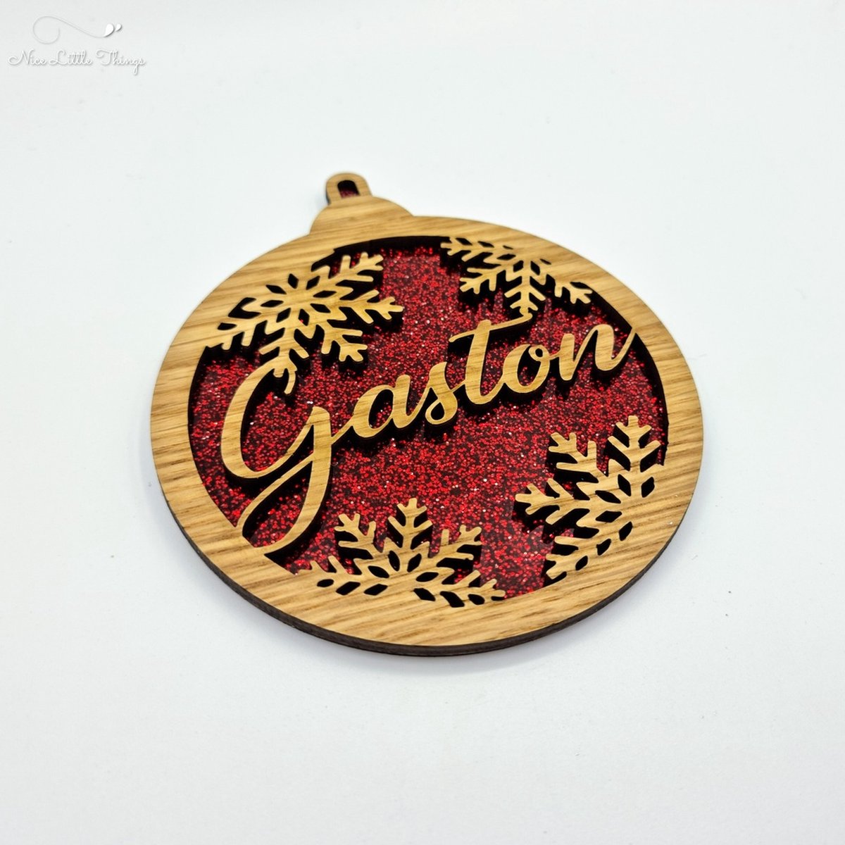 [Nice Little Things] Multilayer kerstbal glitter - Met naam - Rood - Eik