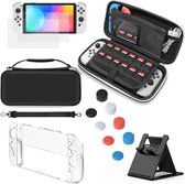 SomStyle Complete Set Zwart Geschikt voor Nintendo Switch OLED - Case – Bescherm Hoes – 2x Screen Protector