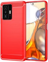 Xiaomi 11T / Xiaomi 11T Pro Hoesje - MobyDefend TPU Gelcase - Geborsteld Metaal + Carbonlook - Rood - GSM Hoesje - Telefoonhoesje Geschikt Voor: Xiaomi 11T / Xiaomi 11T Pro